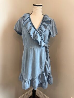 ASOS Denim Wrap Dress Ruffle Trim Tie Waist Mini Blue UK 12 US 8